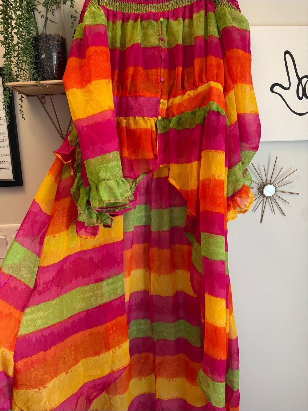 NWT Vibrant Multi-Stripe Boho Off the Shoulder High-Low Top - Picture 4 of 5